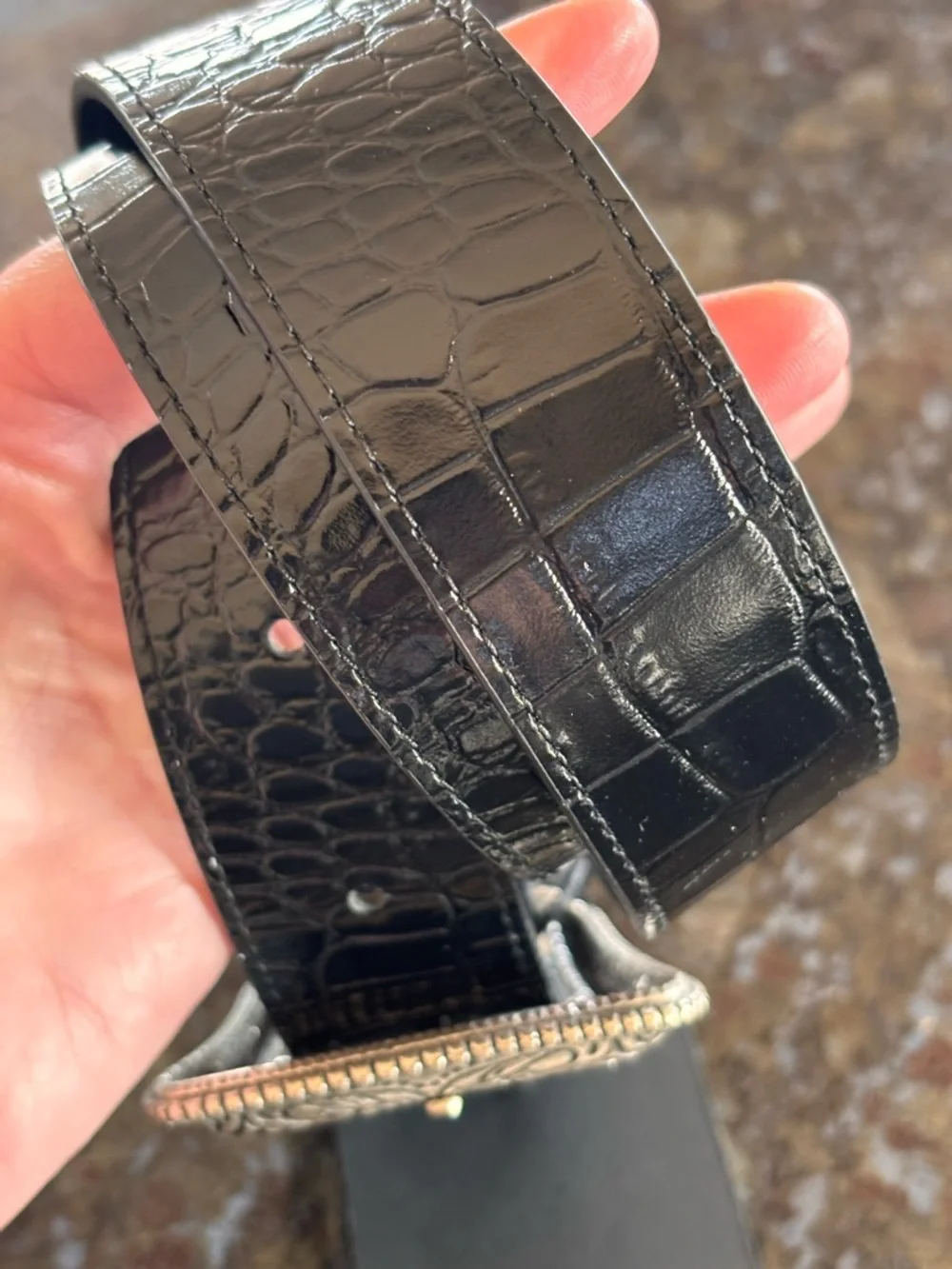 THE KOOPLES French Luxury Black Croc-Embossed Belt with Engraved Silver Buckle